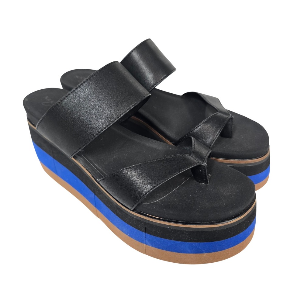 Naked Feet Womens Black Leather  Retro Striped Platform Sandals 10M Beach 80s